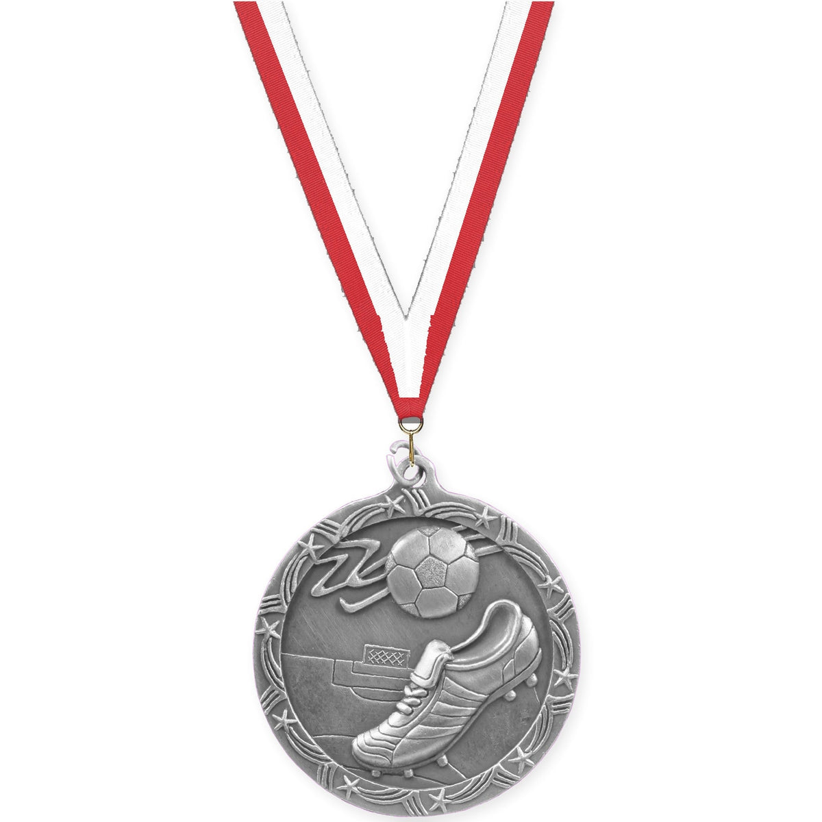 2 1/2 inch soccer Shooting Star medal in antique silver with Red White neck ribbon