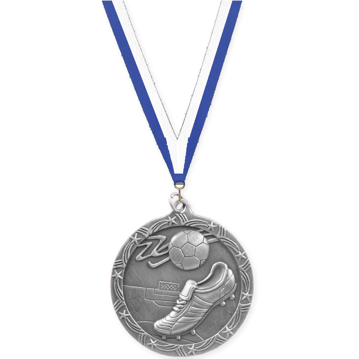 2 1/2 inch soccer Shooting Star medal in antique silver with Blue White neck ribbon