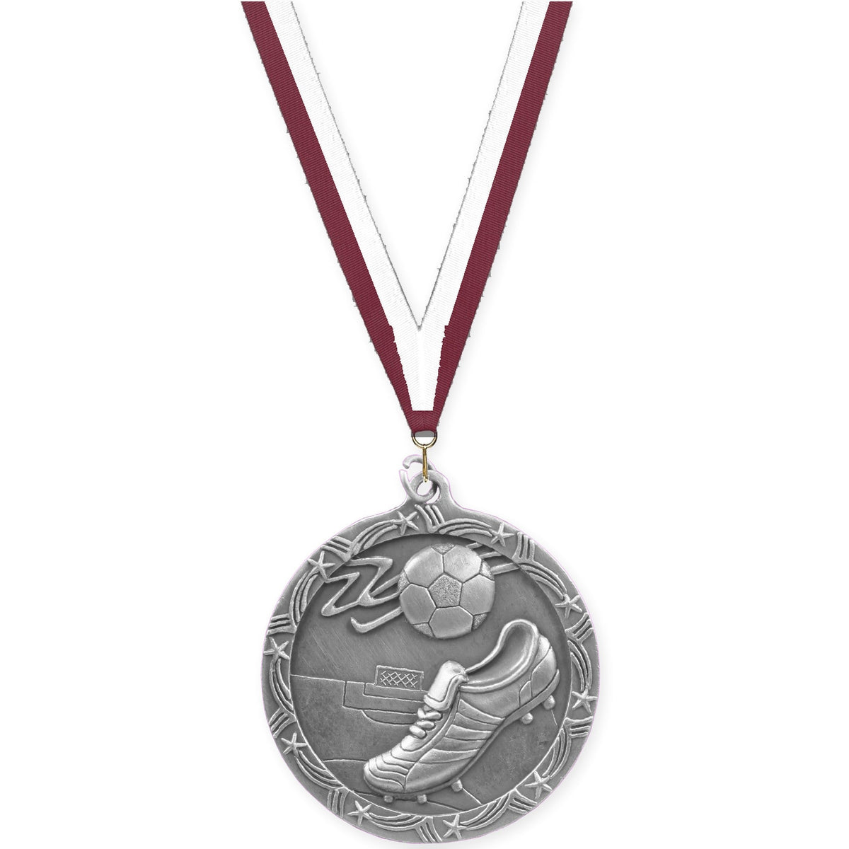 2 1/2 inch soccer Shooting Star medal in antique silver with Maroon White neck ribbon
