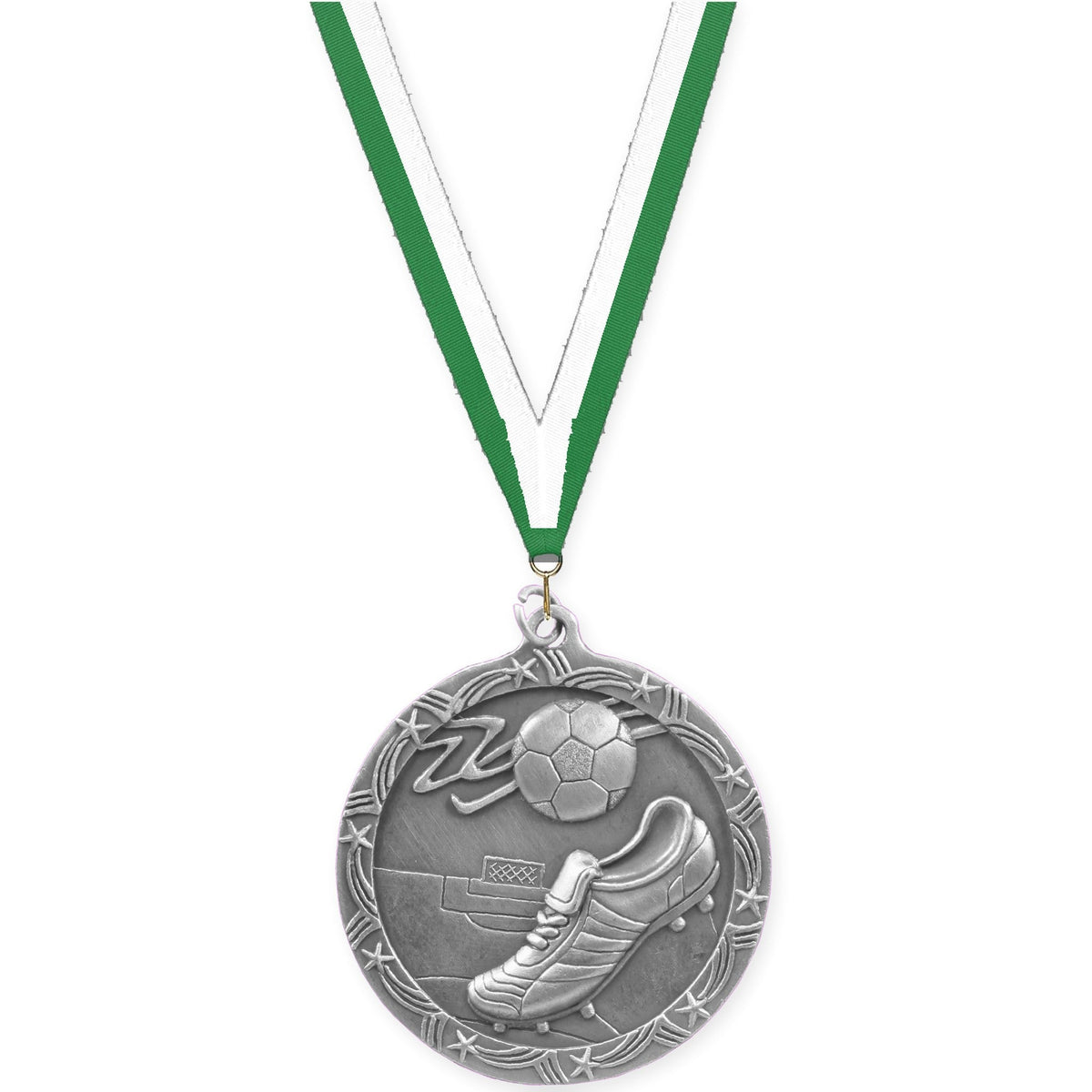 2 1/2 inch soccer Shooting Star medal in antique silver with Green White neck ribbon