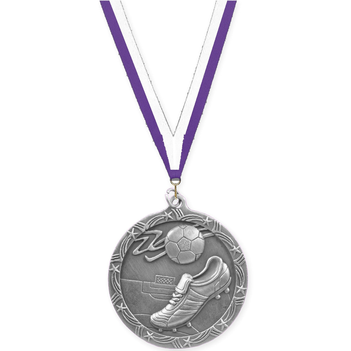2 1/2 inch soccer Shooting Star medal in antique silver with Purple White neck ribbon