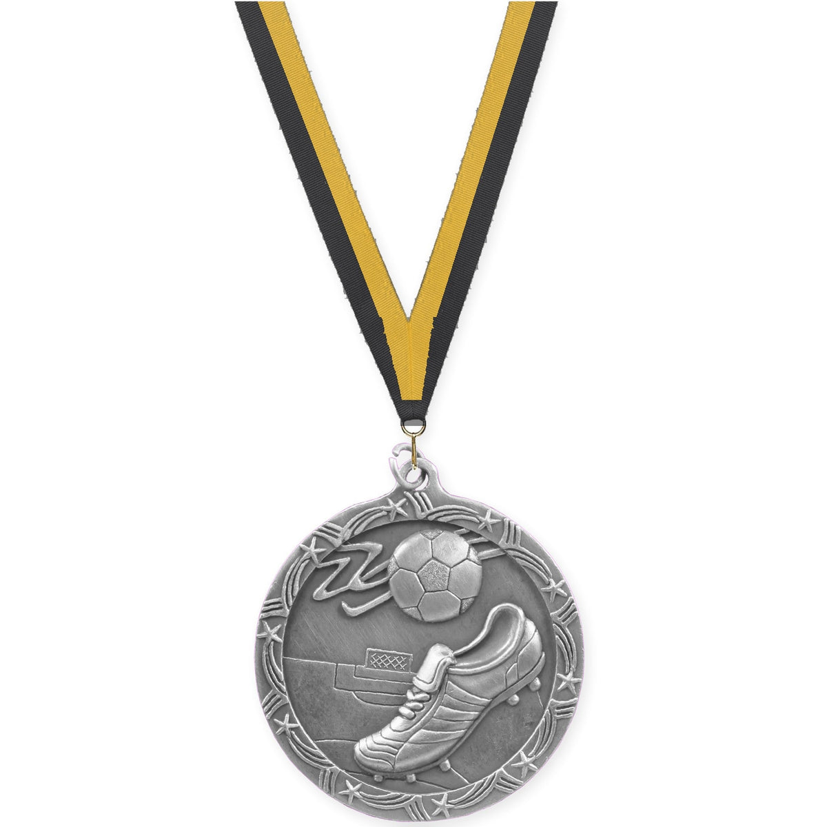 2 1/2 inch soccer Shooting Star medal in antique silver with Black Gold neck ribbon