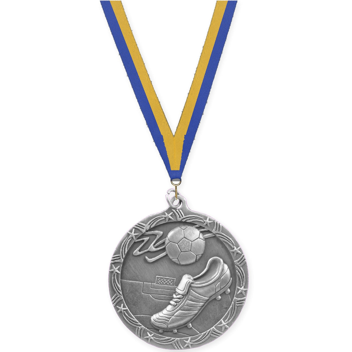2 1/2 inch soccer Shooting Star medal in antique silver with Blue Gold neck ribbon