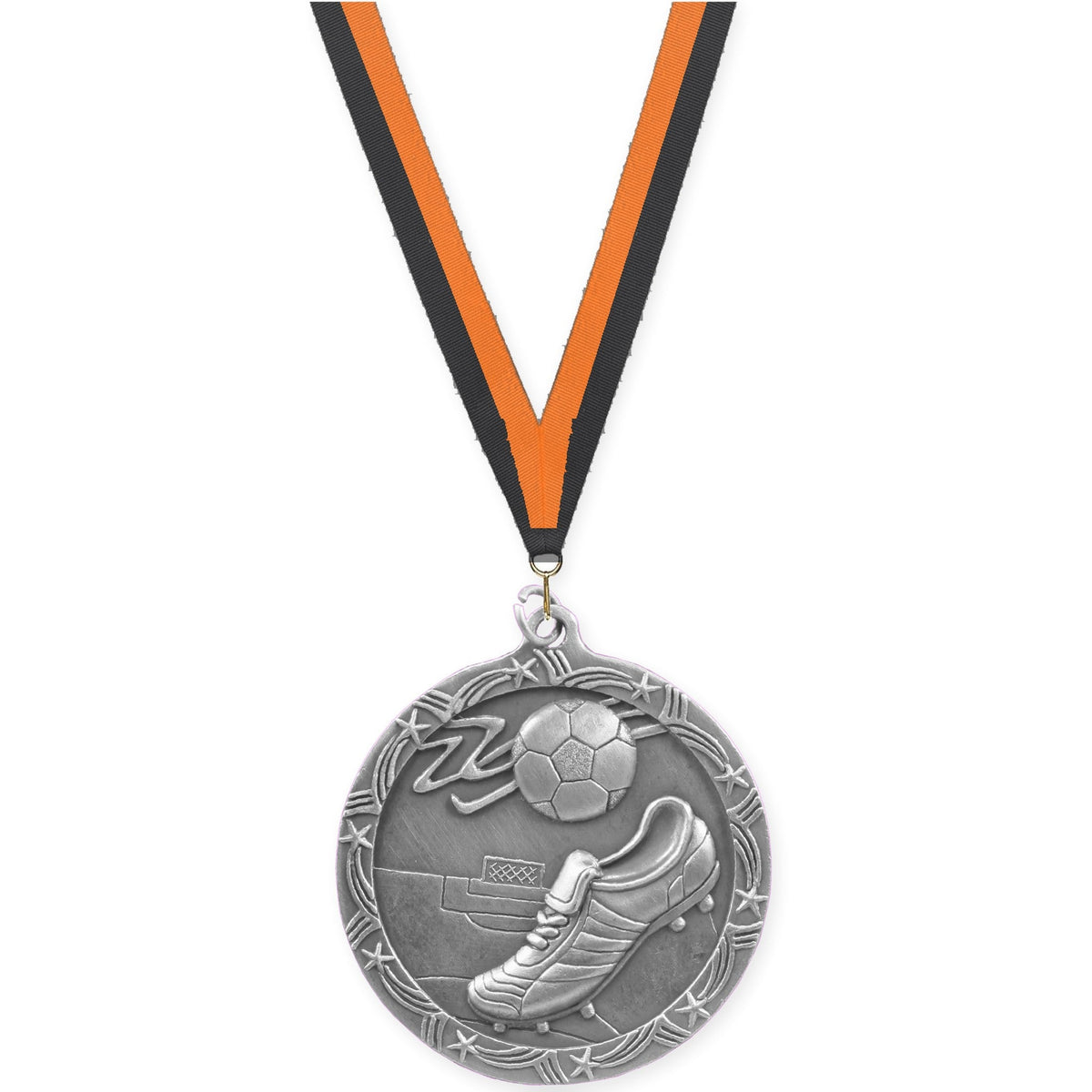 2 1/2 inch soccer Shooting Star medal in antique silver with Black Orange neck ribbon