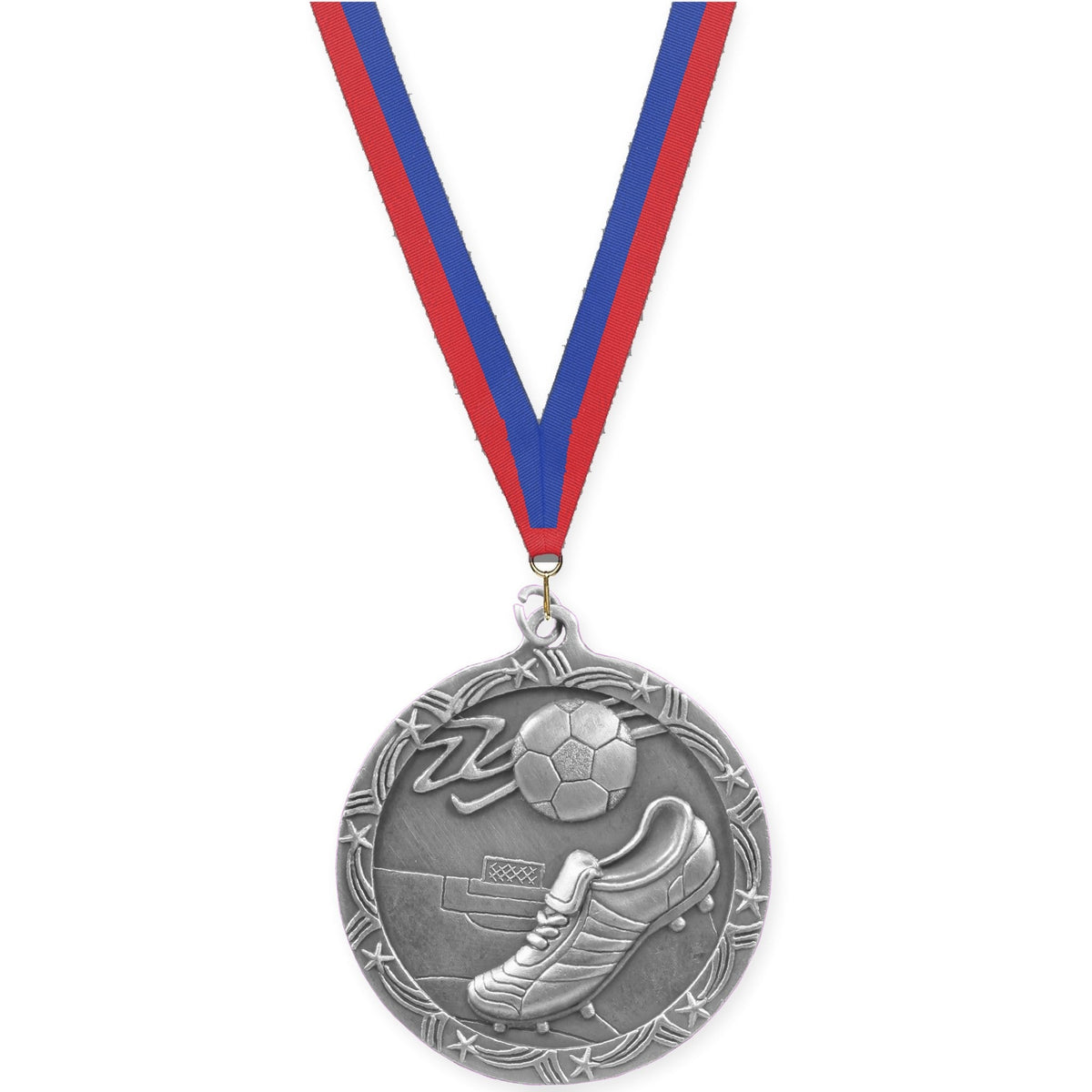 2 1/2 inch soccer Shooting Star medal in antique silver with Blue Red neck ribbon