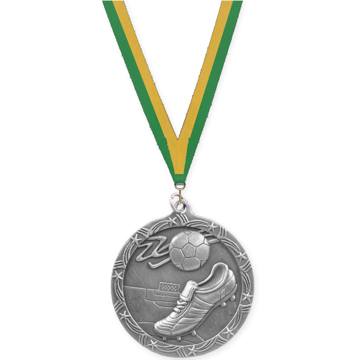 2 1/2 inch soccer Shooting Star medal in antique silver with Green Gold neck ribbon