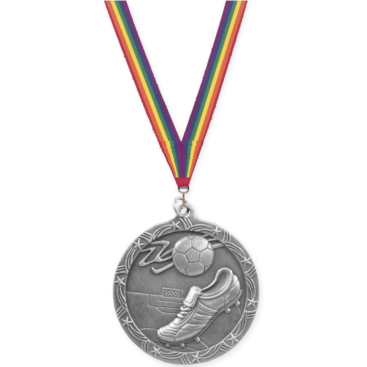 2 1/2 inch soccer Shooting Star medal in antique silver with Rainbow neck ribbon