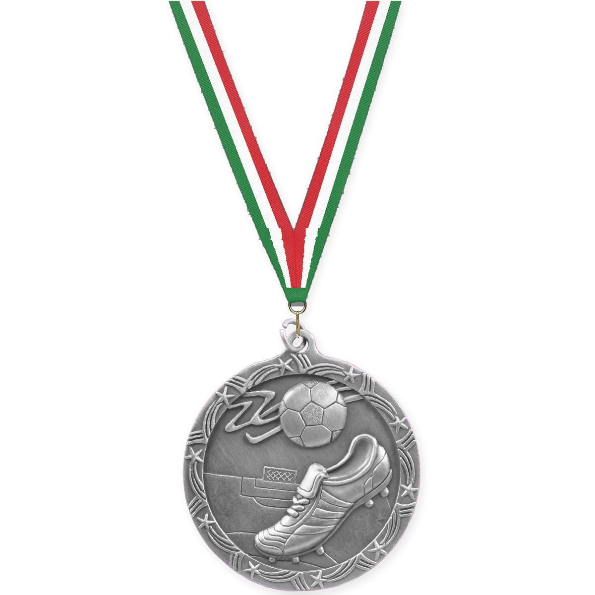 2 1/2 inch soccer Shooting Star medal in antique silver with Green White Red neck ribbon
