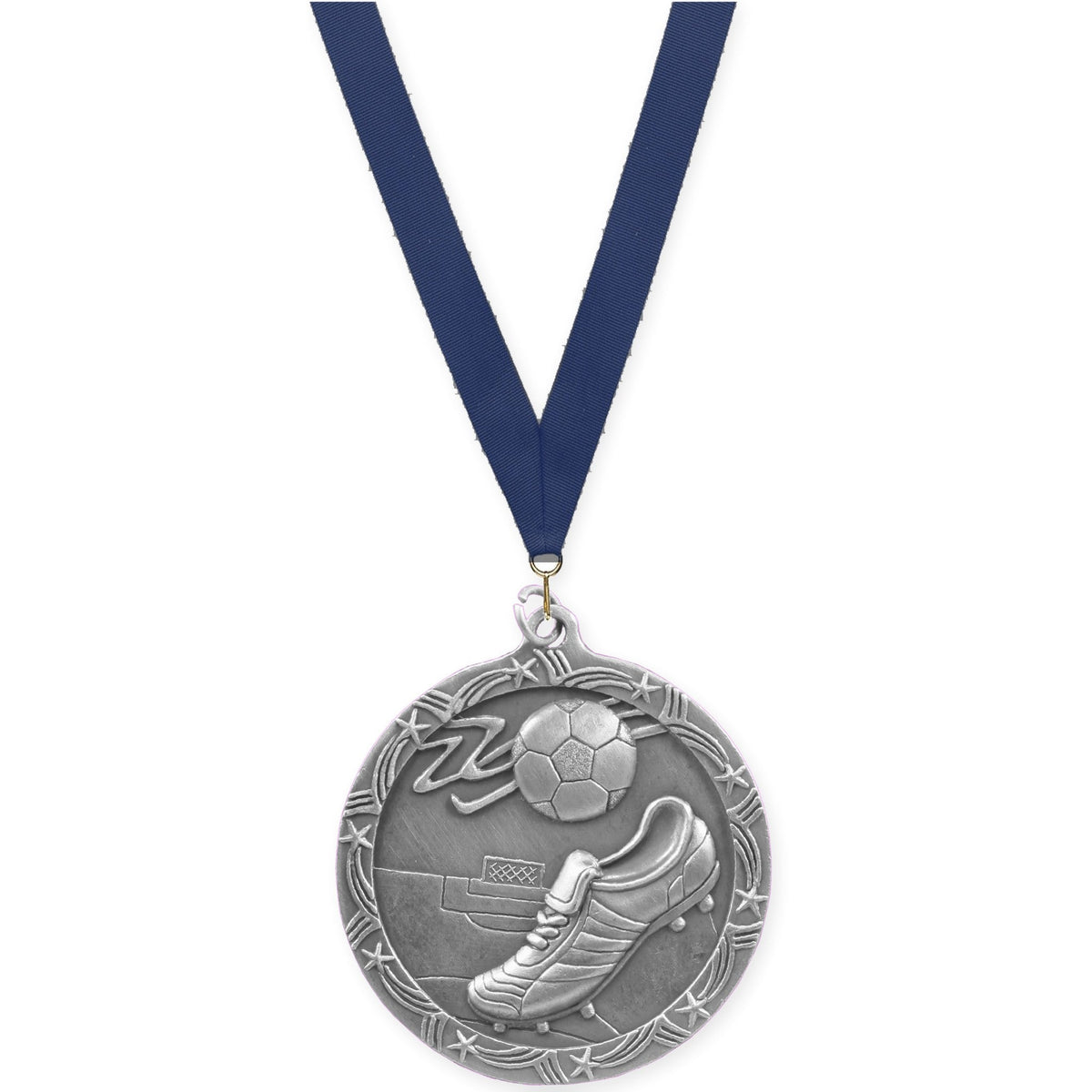 2 1/2 inch soccer Shooting Star medal in antique silver with Navy neck ribbon