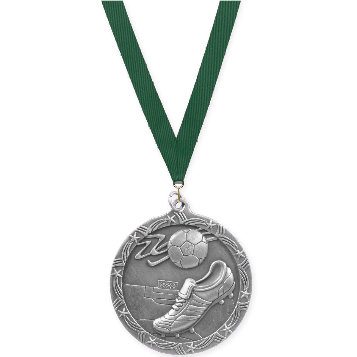 2 1/2 inch soccer Shooting Star medal in antique silver with Hunter Green neck ribbon