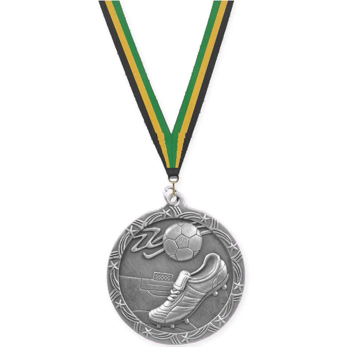 2 1/2 inch soccer Shooting Star medal in antique silver with Black Gold Green neck ribbon