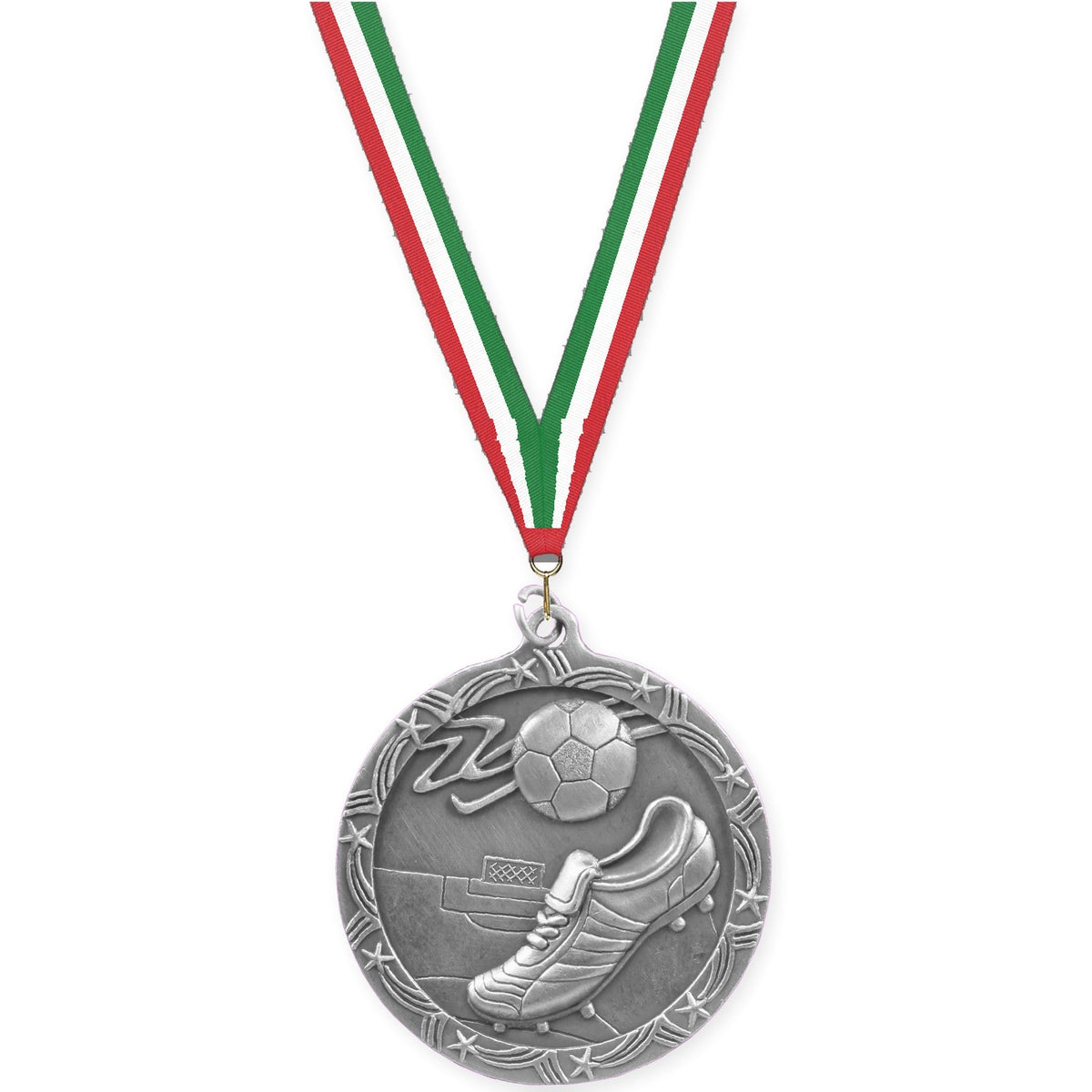 2 1/2 inch soccer Shooting Star medal in antique silver with Red White Green neck ribbon