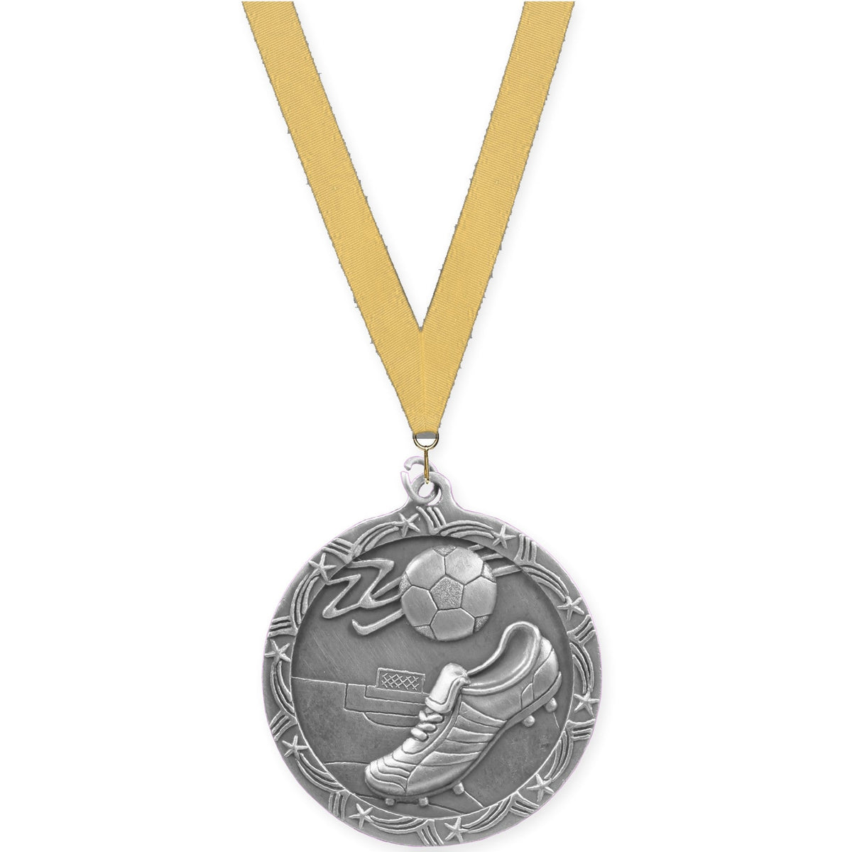 2 1/2 inch soccer Shooting Star medal in antique silver with Gold Metallic neck ribbon