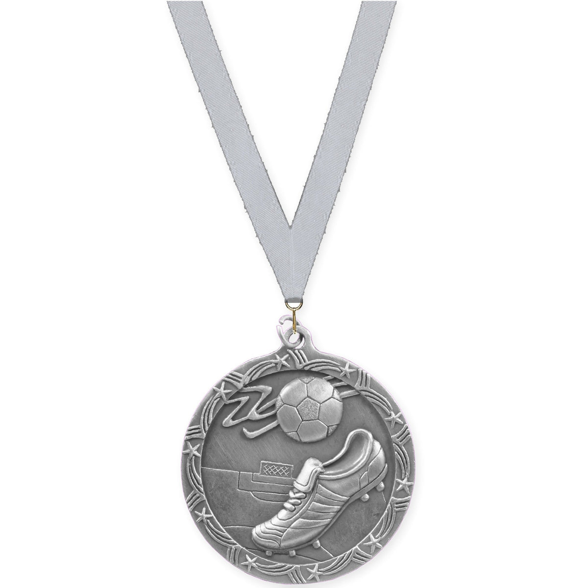 2 1/2 inch soccer Shooting Star medal in antique silver with Silver Metallic neck ribbon