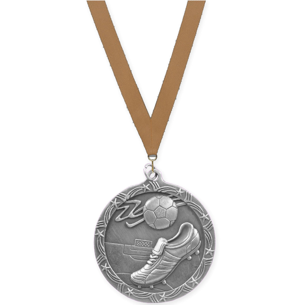 2 1/2 inch soccer Shooting Star medal in antique silver with Bronze Metallic neck ribbon