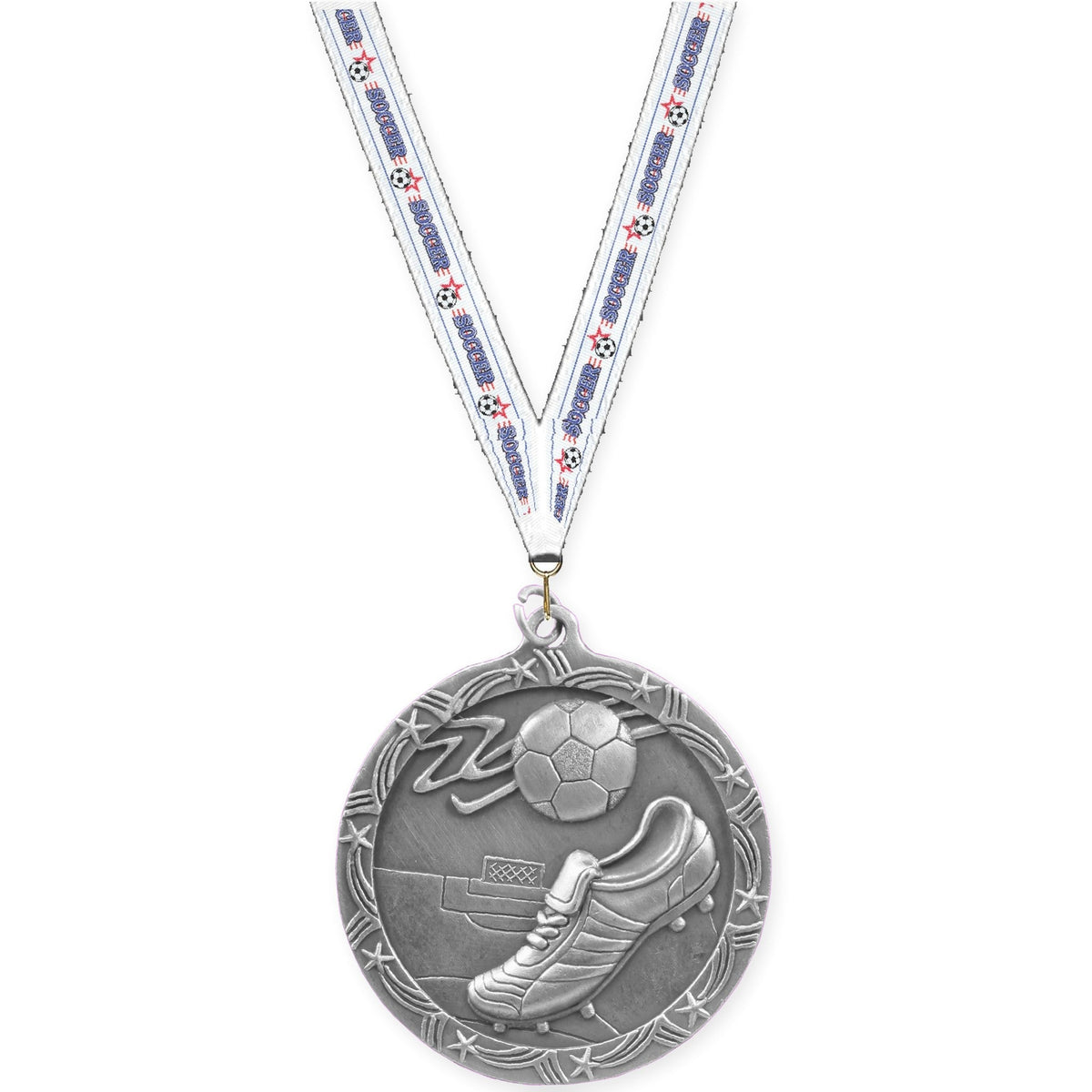 2 1/2 inch soccer Shooting Star medal in antique silver with Soccer neck ribbon