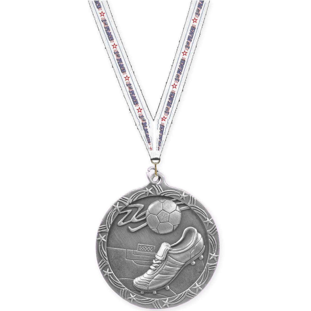 2 1/2 inch soccer Shooting Star medal in antique silver with 1st Place neck ribbon