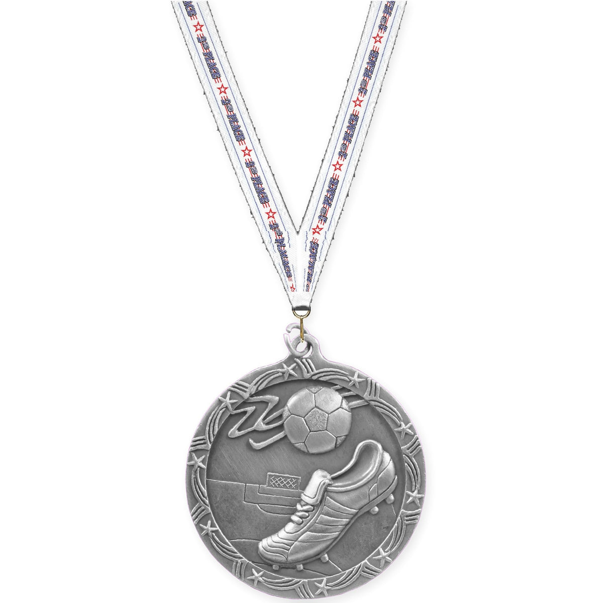 2 1/2 inch soccer Shooting Star medal in antique silver with 2nd Place neck ribbon