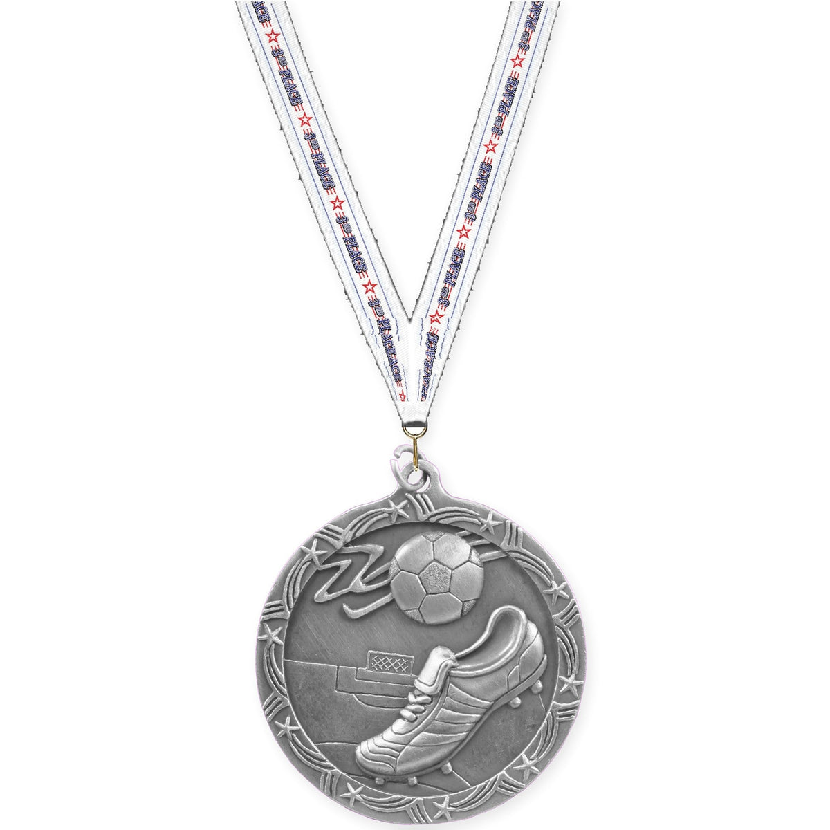 2 1/2 inch soccer Shooting Star medal in antique silver with 3rd Place neck ribbon
