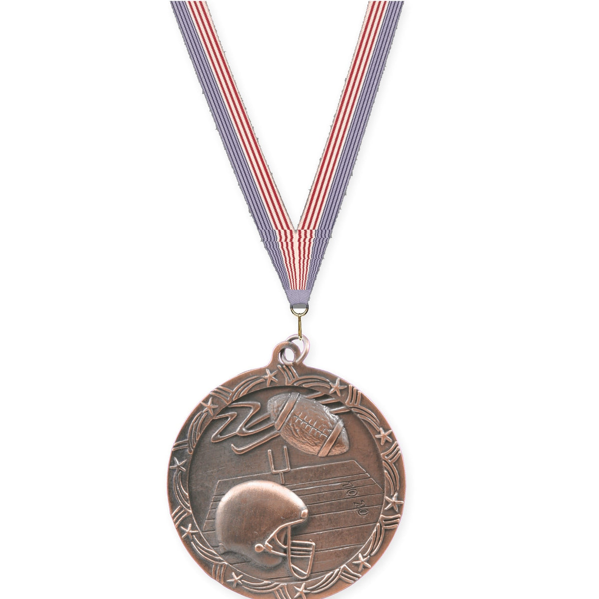 2 1/2 inch football Shooting Star medal in antique bronze with USA Flag neck ribbon