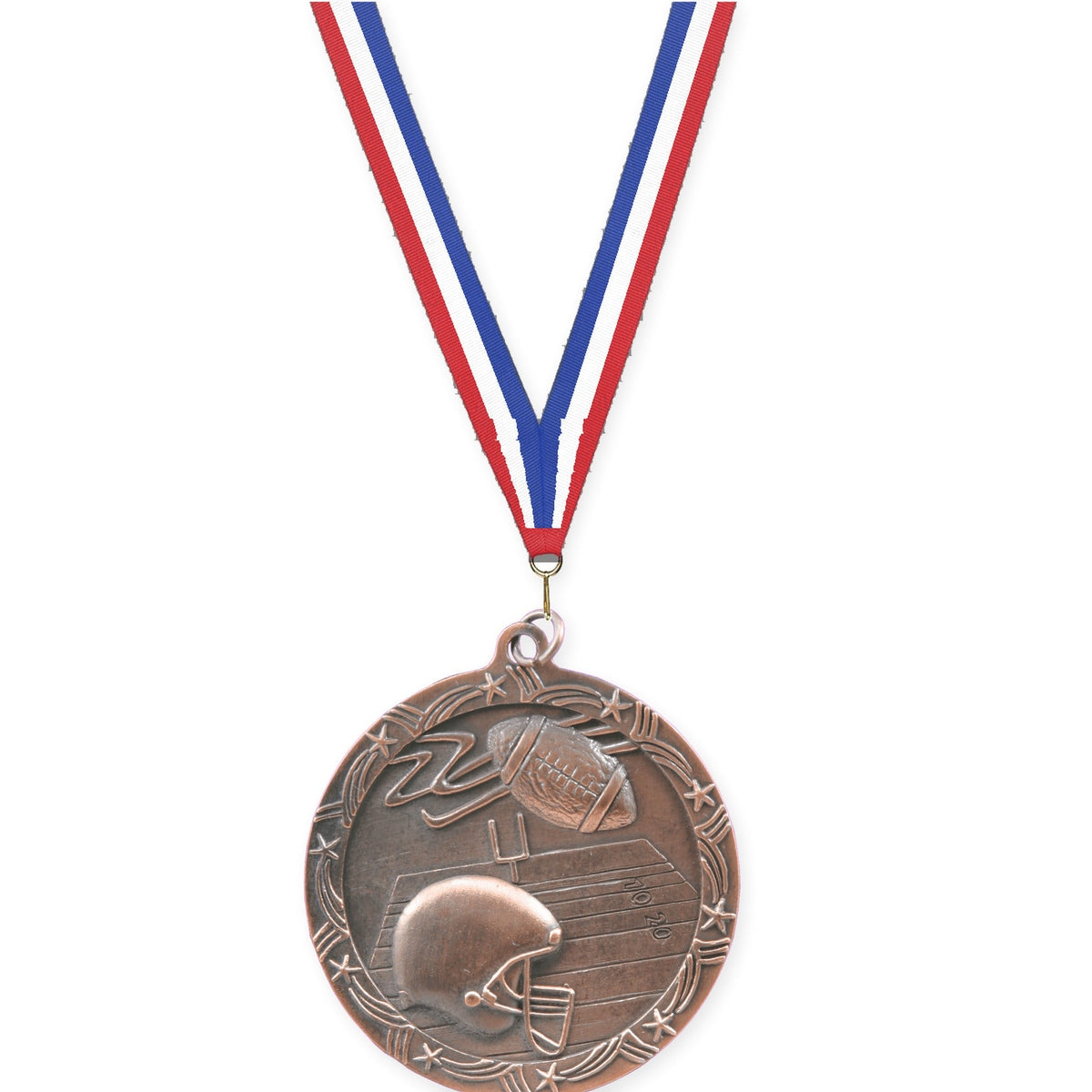 2 1/2 inch football Shooting Star medal in antique bronze with Red White Blue neck ribbon