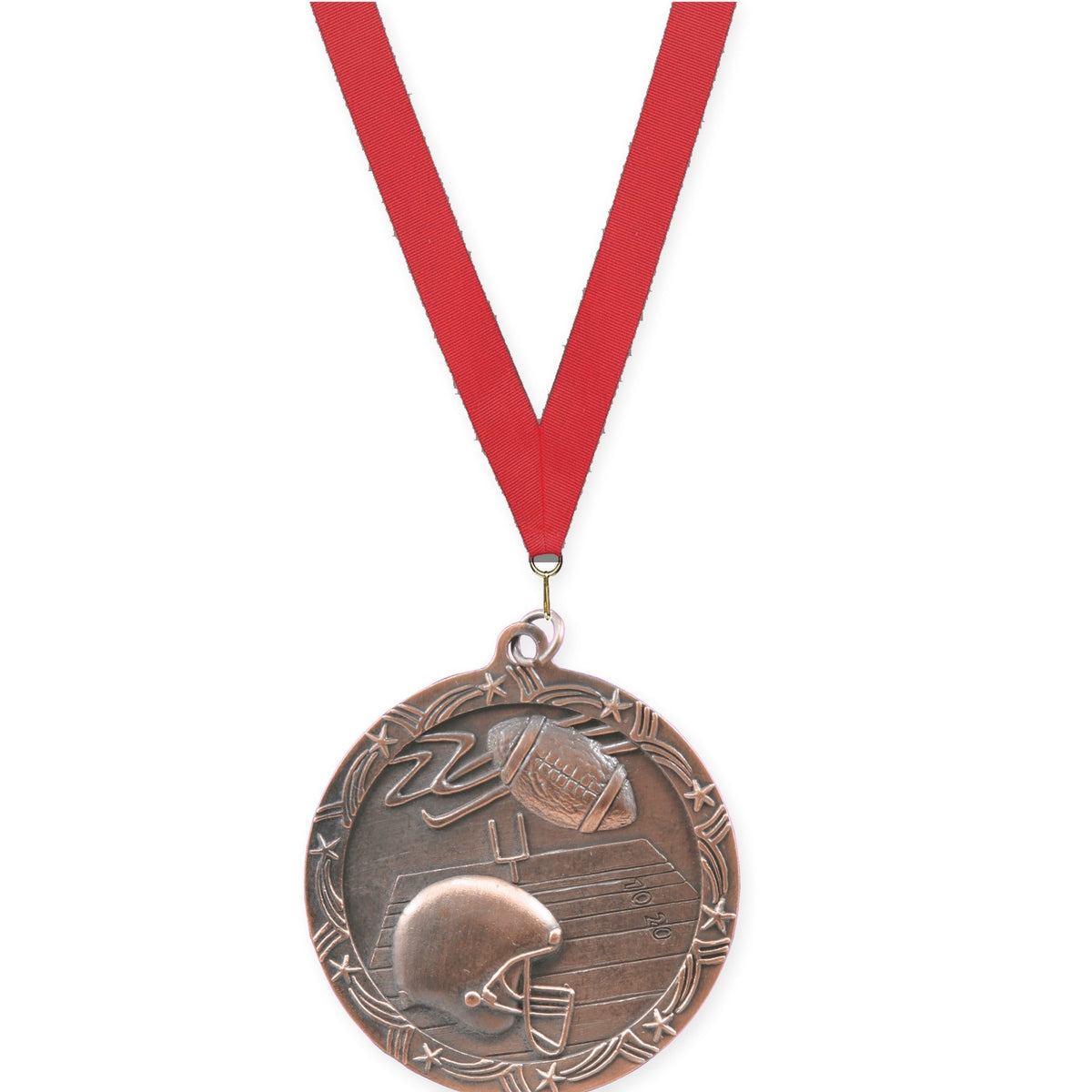 2 1/2 inch football Shooting Star medal in antique bronze with Red neck ribbon