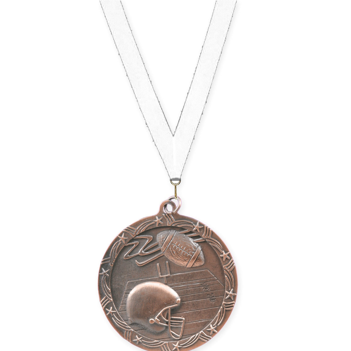2 1/2 inch football Shooting Star medal in antique bronze with White neck ribbon