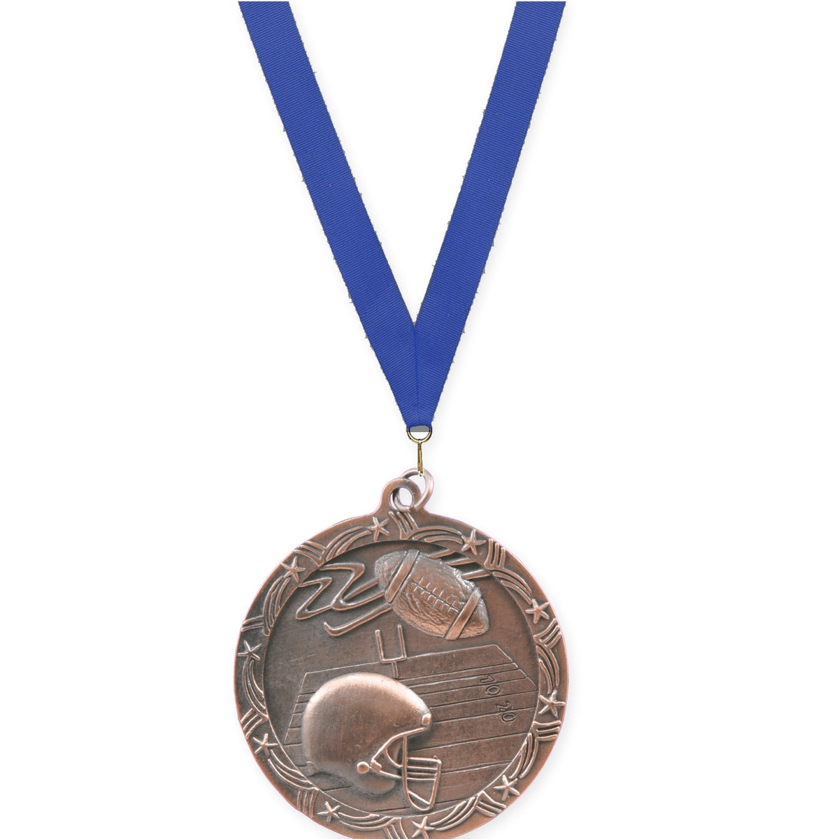 2 1/2 inch football Shooting Star medal in antique bronze with Blue neck ribbon