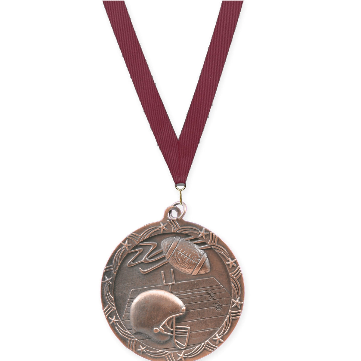 2 1/2 inch football Shooting Star medal in antique bronze with Maroon neck ribbon