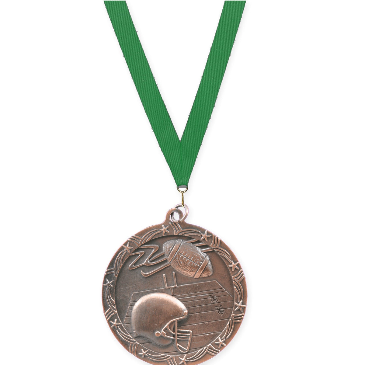 2 1/2 inch football Shooting Star medal in antique bronze with Green neck ribbon