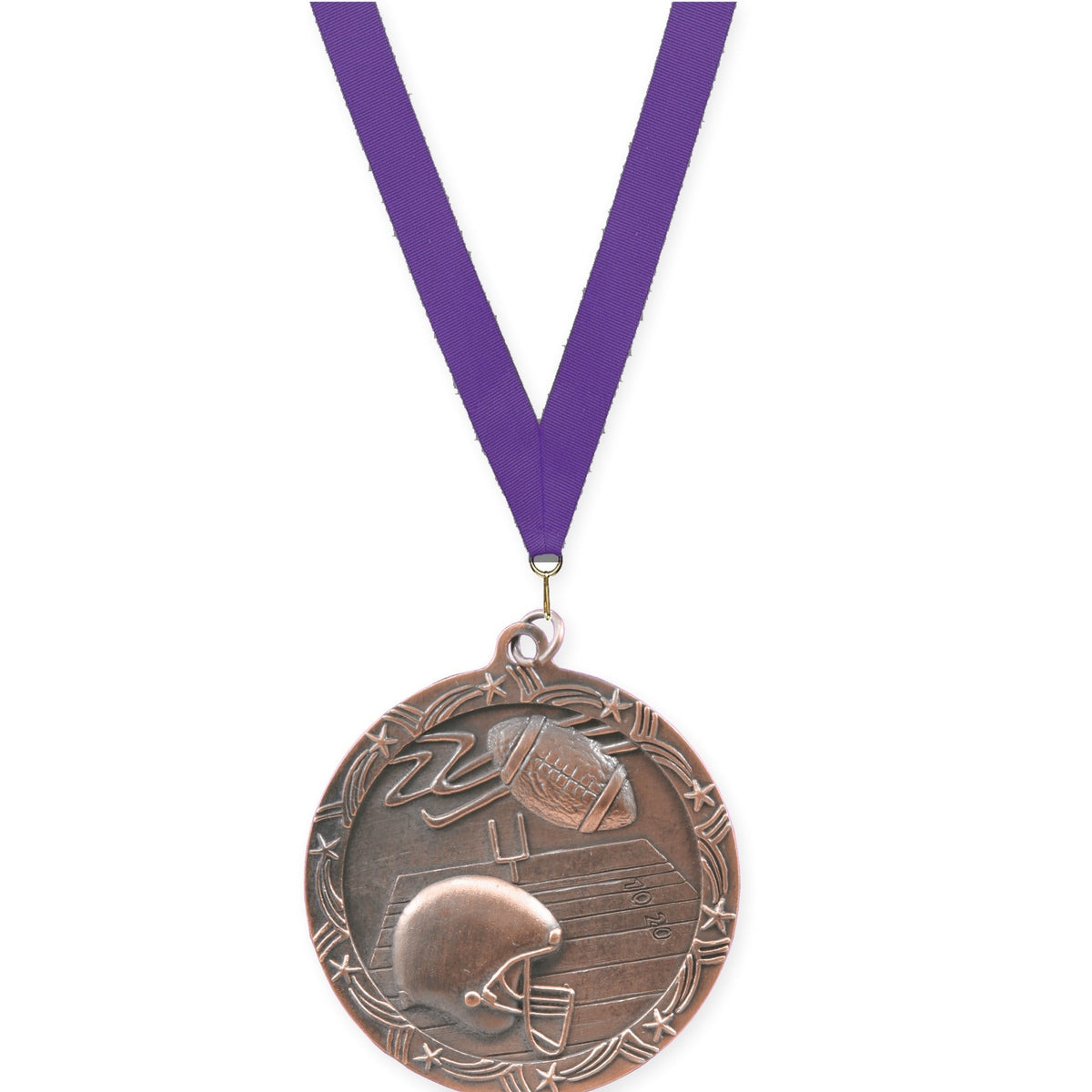 2 1/2 inch football Shooting Star medal in antique bronze with Purple neck ribbon