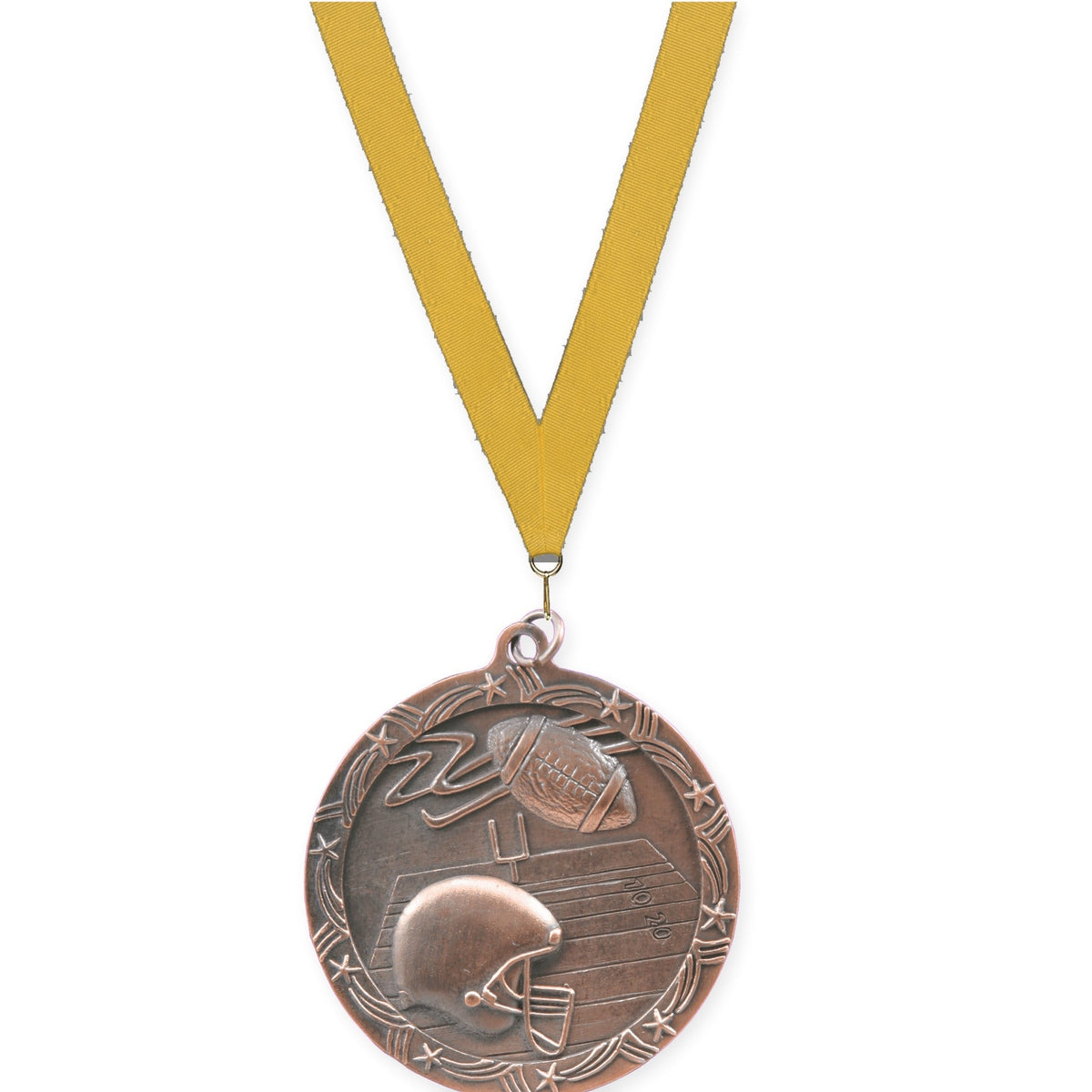2 1/2 inch football Shooting Star medal in antique bronze with Gold neck ribbon