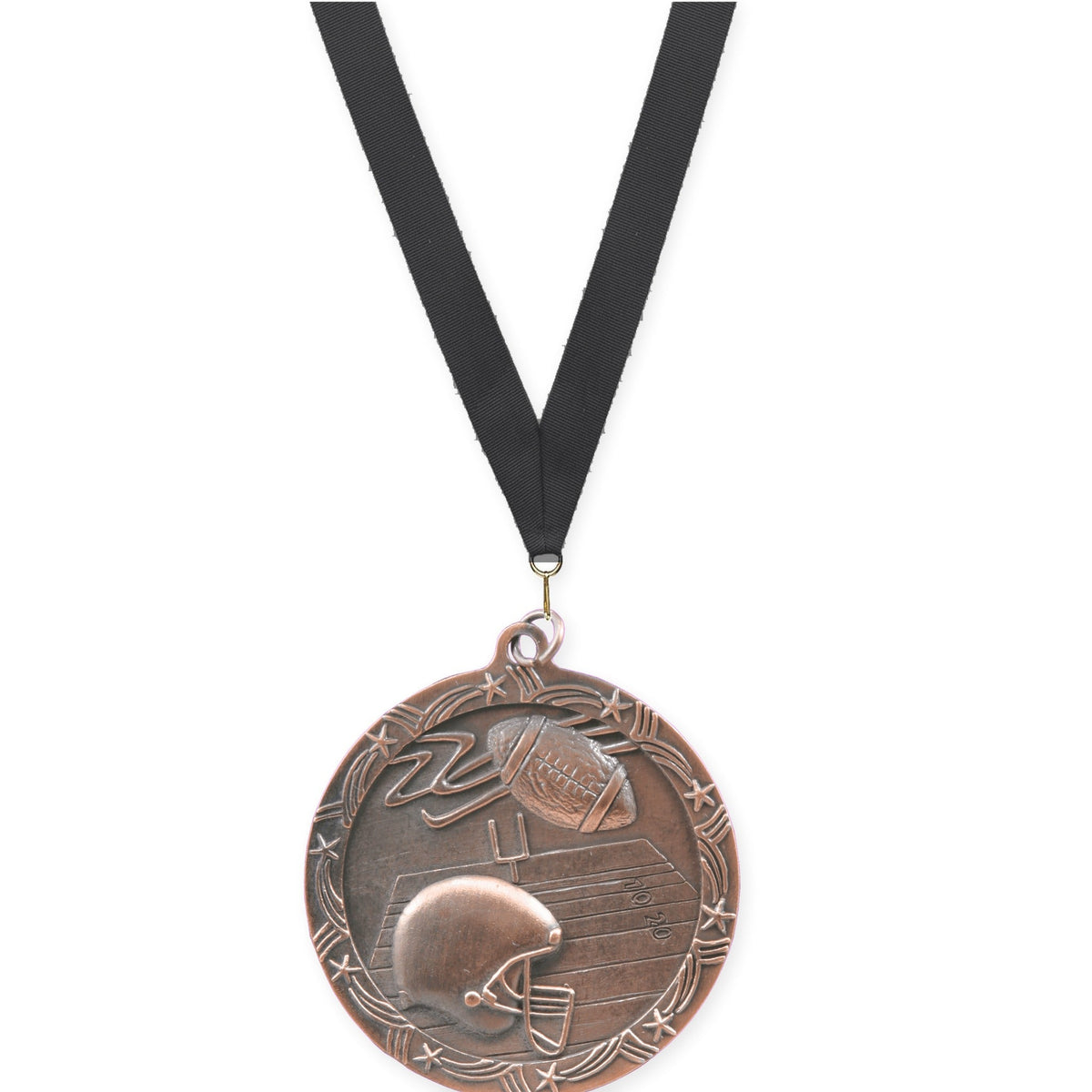 2 1/2 inch football Shooting Star medal in antique bronze with Black neck ribbon