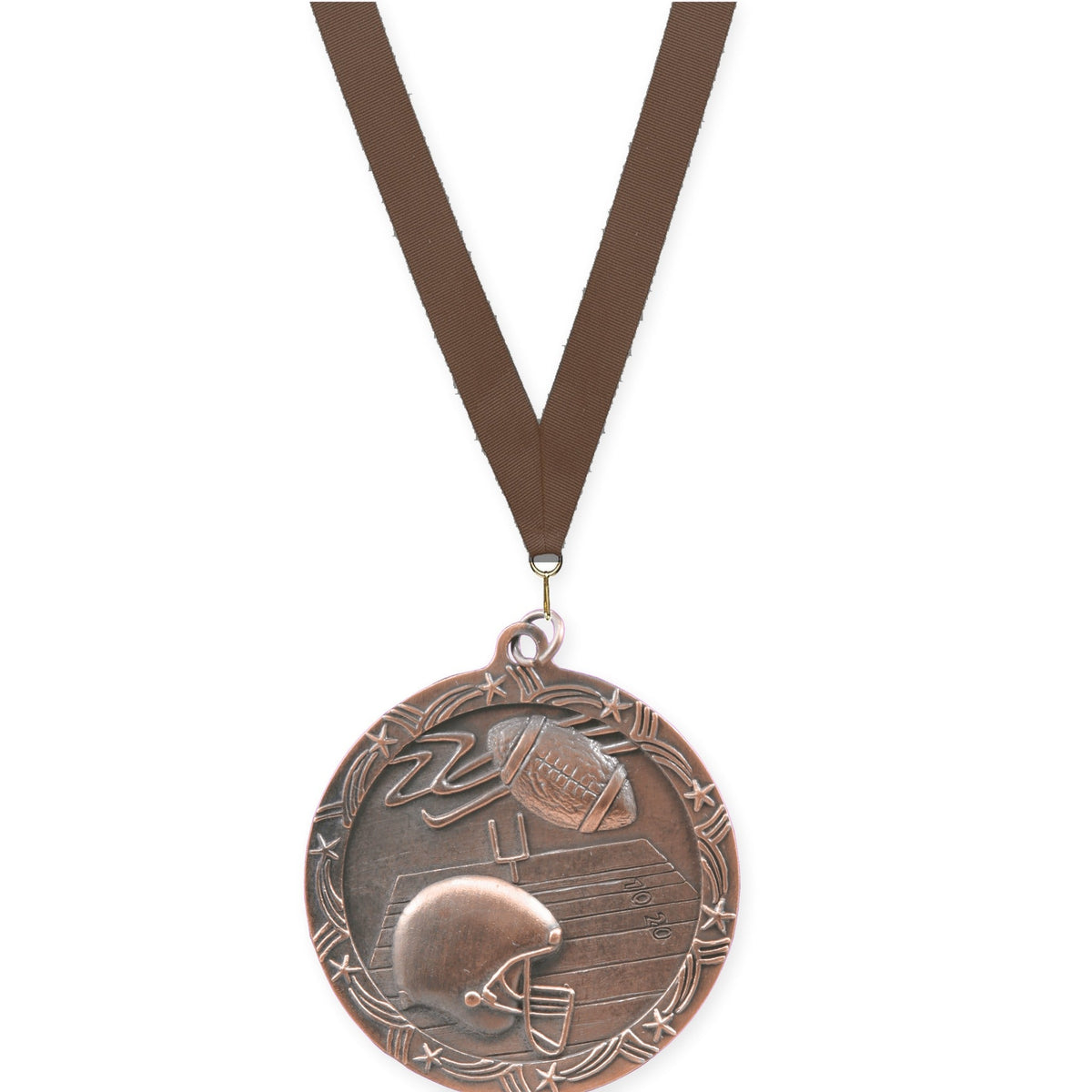 2 1/2 inch football Shooting Star medal in antique bronze with Brown neck ribbon