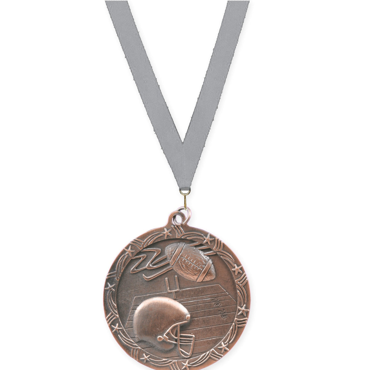 2 1/2 inch football Shooting Star medal in antique bronze with Gray neck ribbon