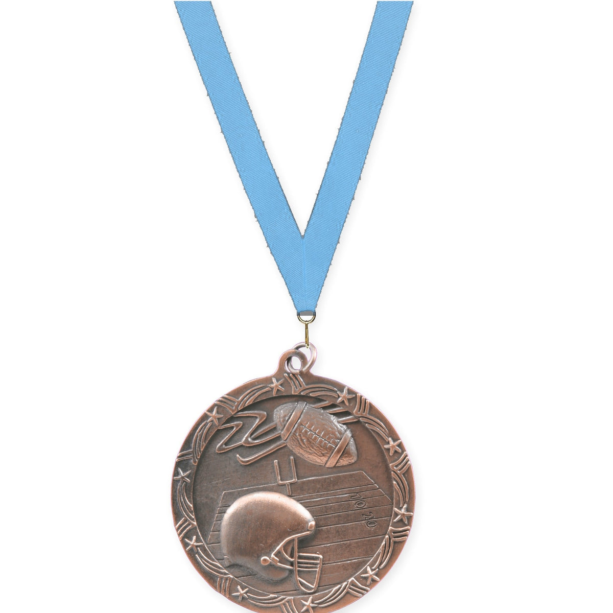 2 1/2 inch football Shooting Star medal in antique bronze with Light Blue neck ribbon
