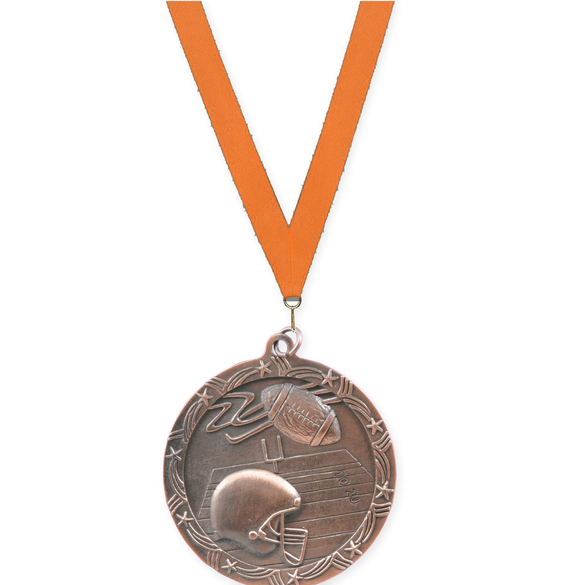 2 1/2 inch football Shooting Star medal in antique bronze with Orange neck ribbon
