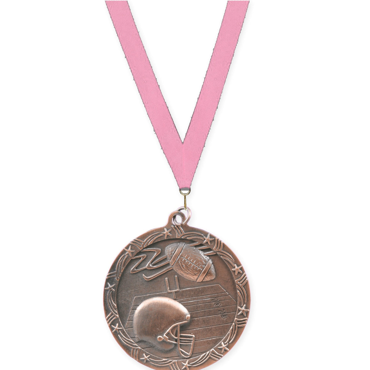 2 1/2 inch football Shooting Star medal in antique bronze with Pink neck ribbon