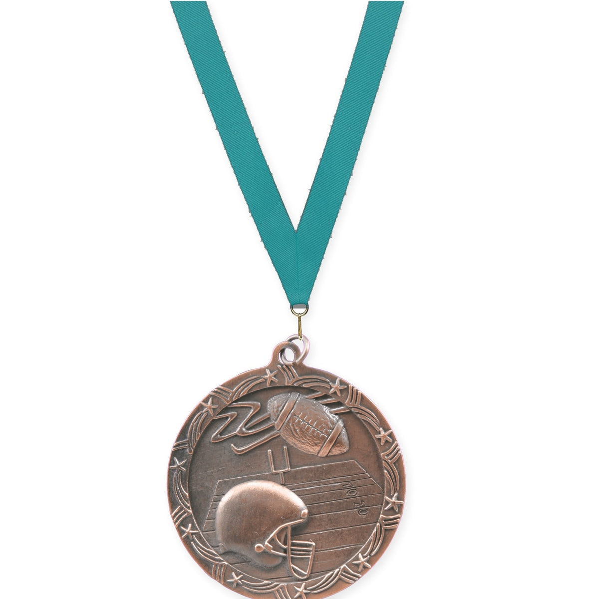 2 1/2 inch football Shooting Star medal in antique bronze with Teal neck ribbon