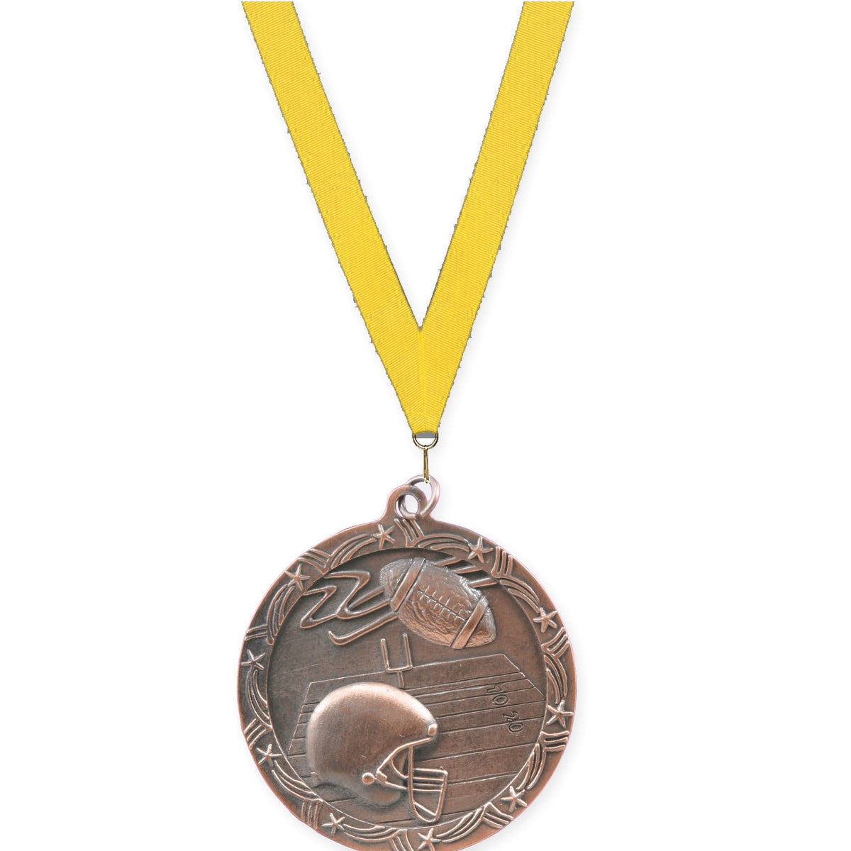 2 1/2 inch football Shooting Star medal in antique bronze with Yellow neck ribbon