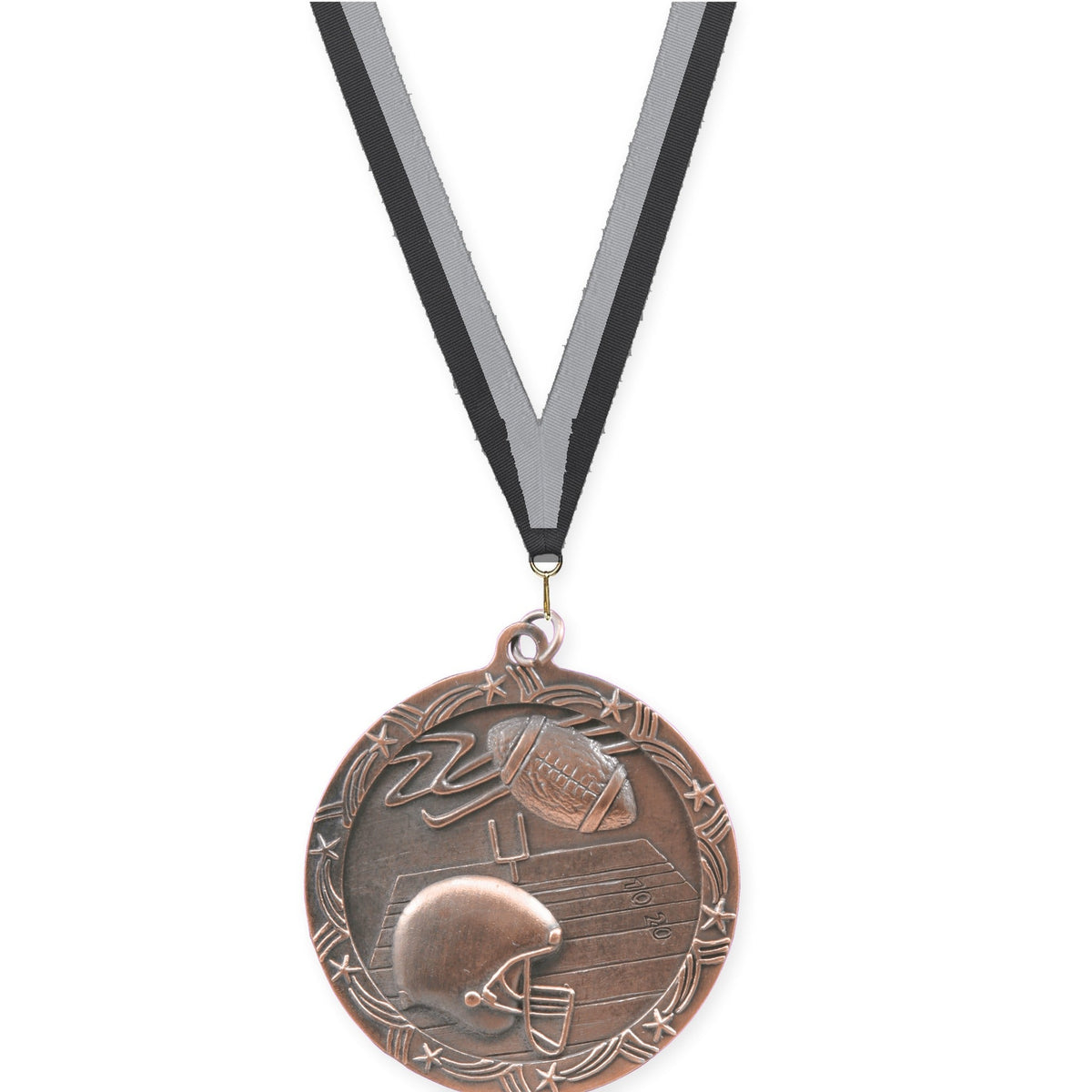 2 1/2 inch football Shooting Star medal in antique bronze with Black Gray neck ribbon
