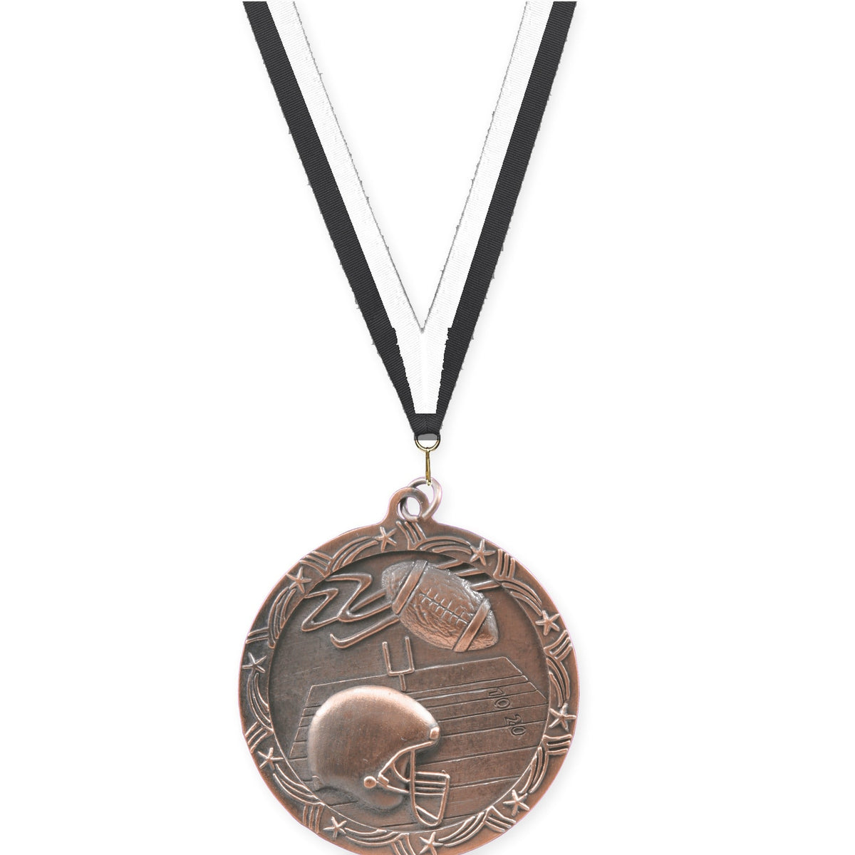 2 1/2 inch football Shooting Star medal in antique bronze with Black White neck ribbon
