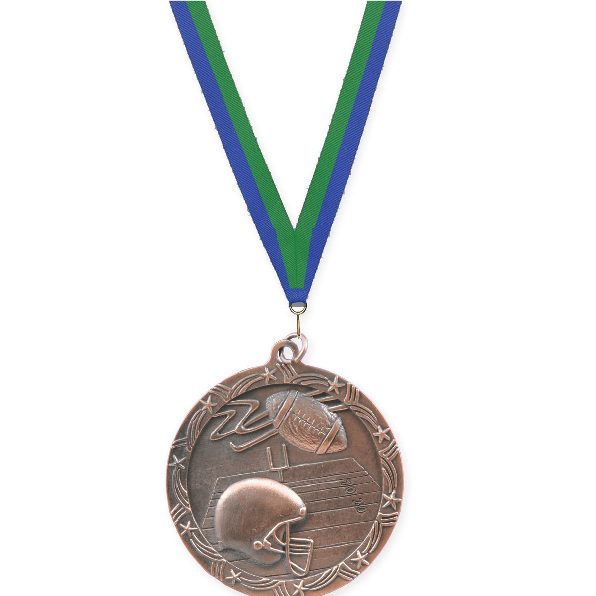 2 1/2 inch football Shooting Star medal in antique bronze with Blue Green neck ribbon