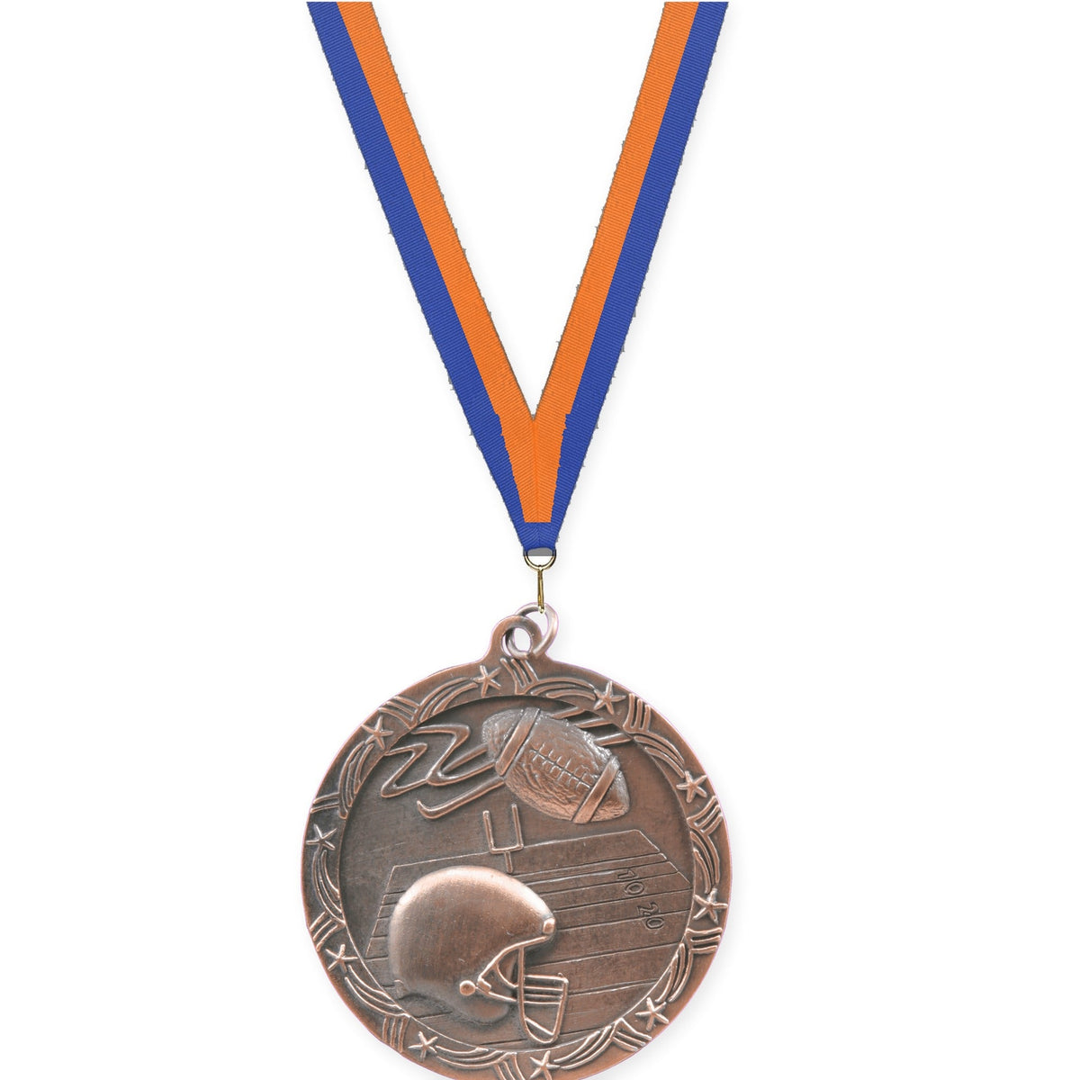 2 1/2 inch football Shooting Star medal in antique bronze with Blue Orange neck ribbon
