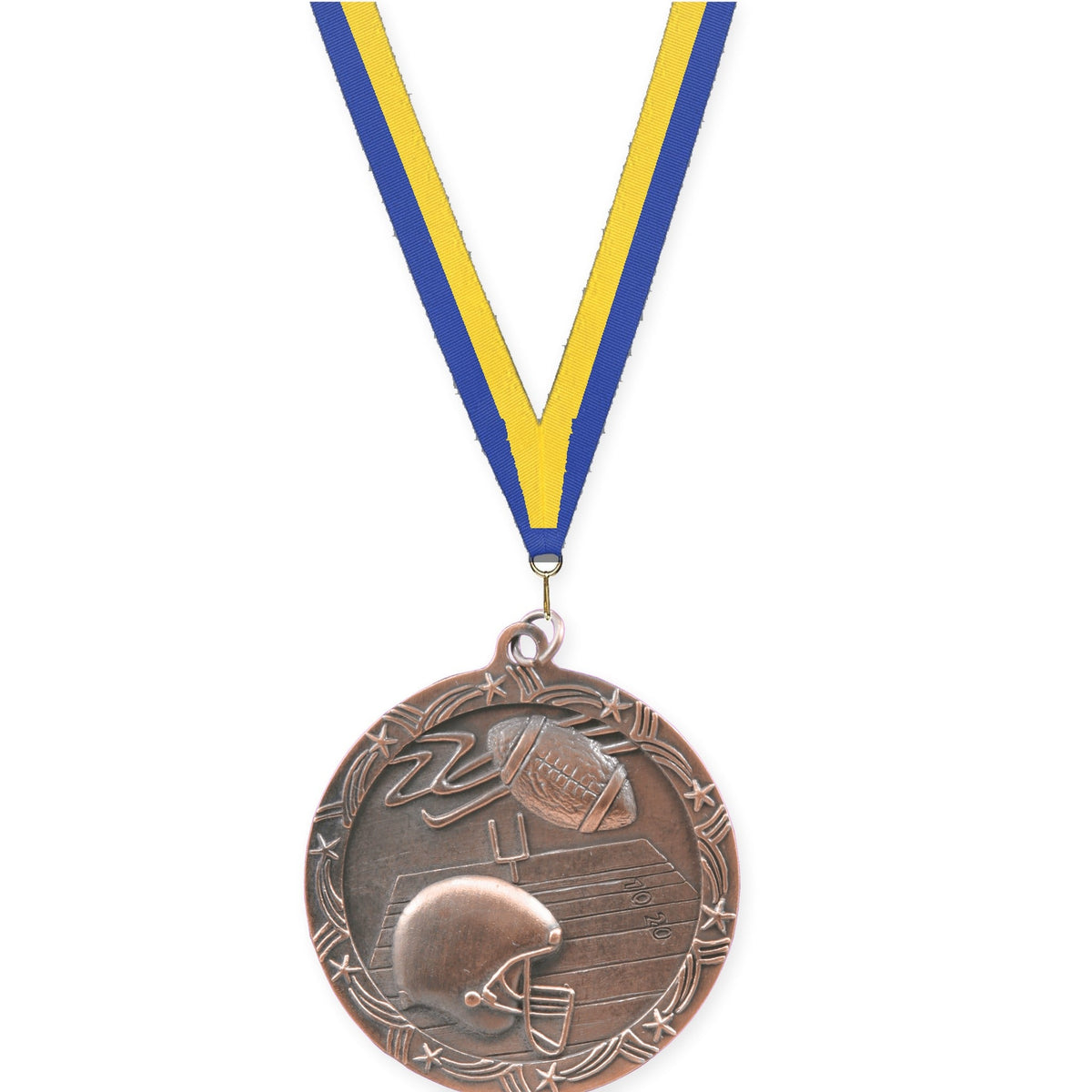 2 1/2 inch football Shooting Star medal in antique bronze with Blue Yellow neck ribbon