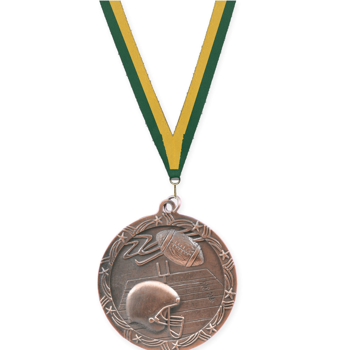 2 1/2 inch football Shooting Star medal in antique bronze with Hunter Green Gold neck ribbon