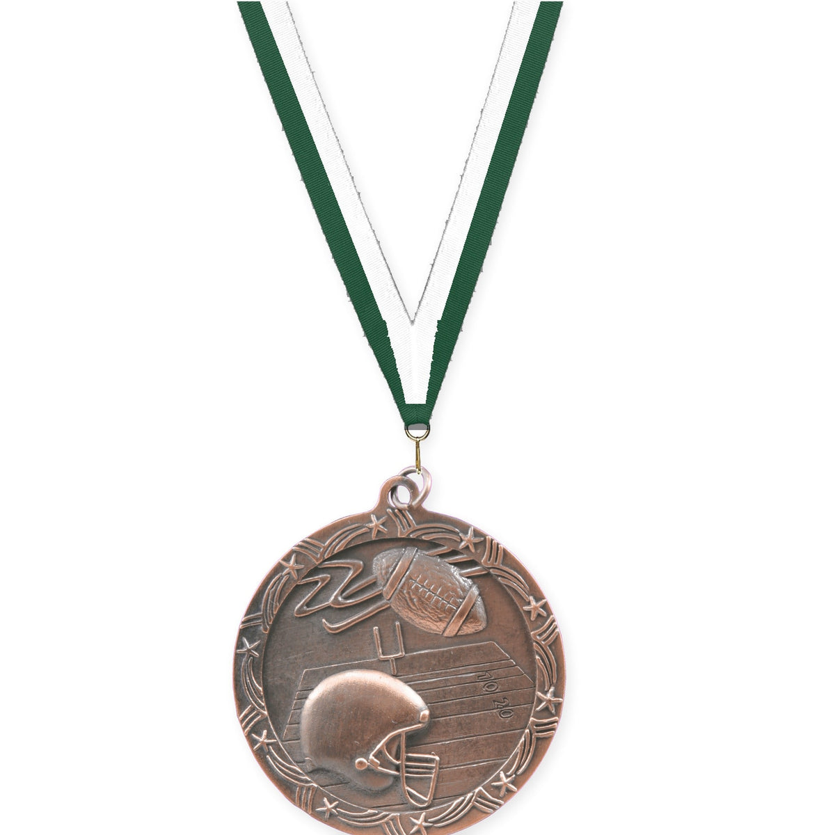 2 1/2 inch football Shooting Star medal in antique bronze with Hunter Green White neck ribbon