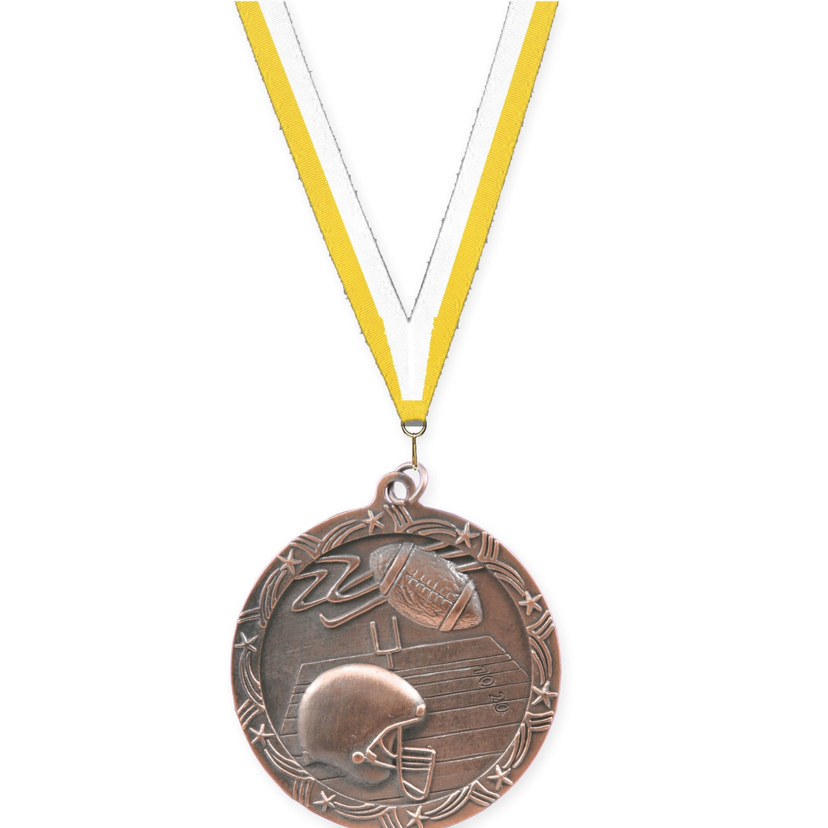 2 1/2 inch football Shooting Star medal in antique bronze with Yellow White neck ribbon
