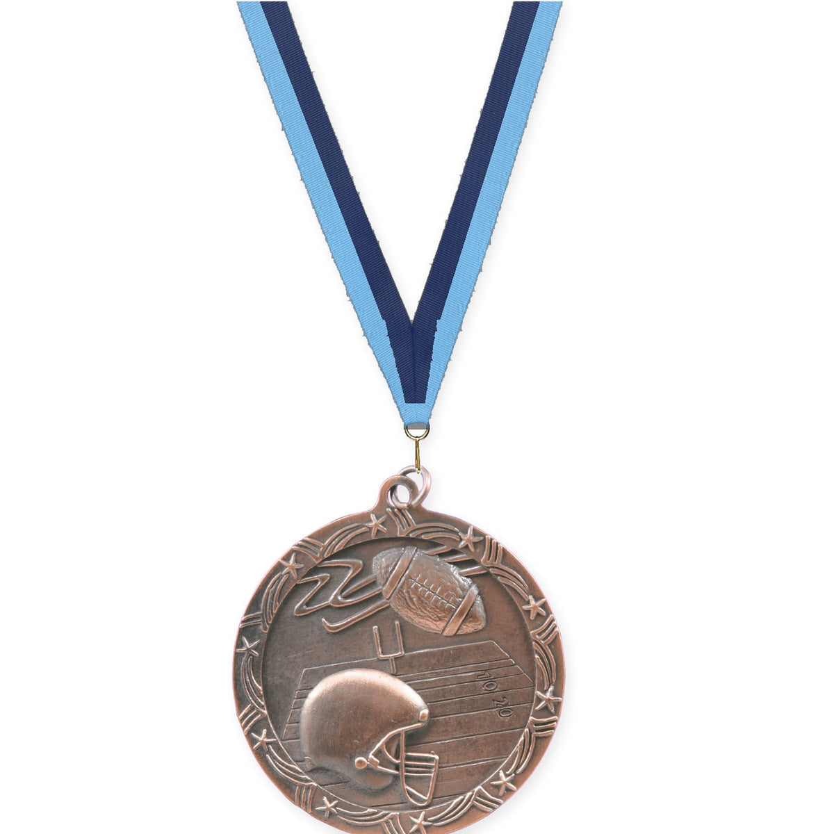 2 1/2 inch football Shooting Star medal in antique bronze with Light Blue Navy neck ribbon