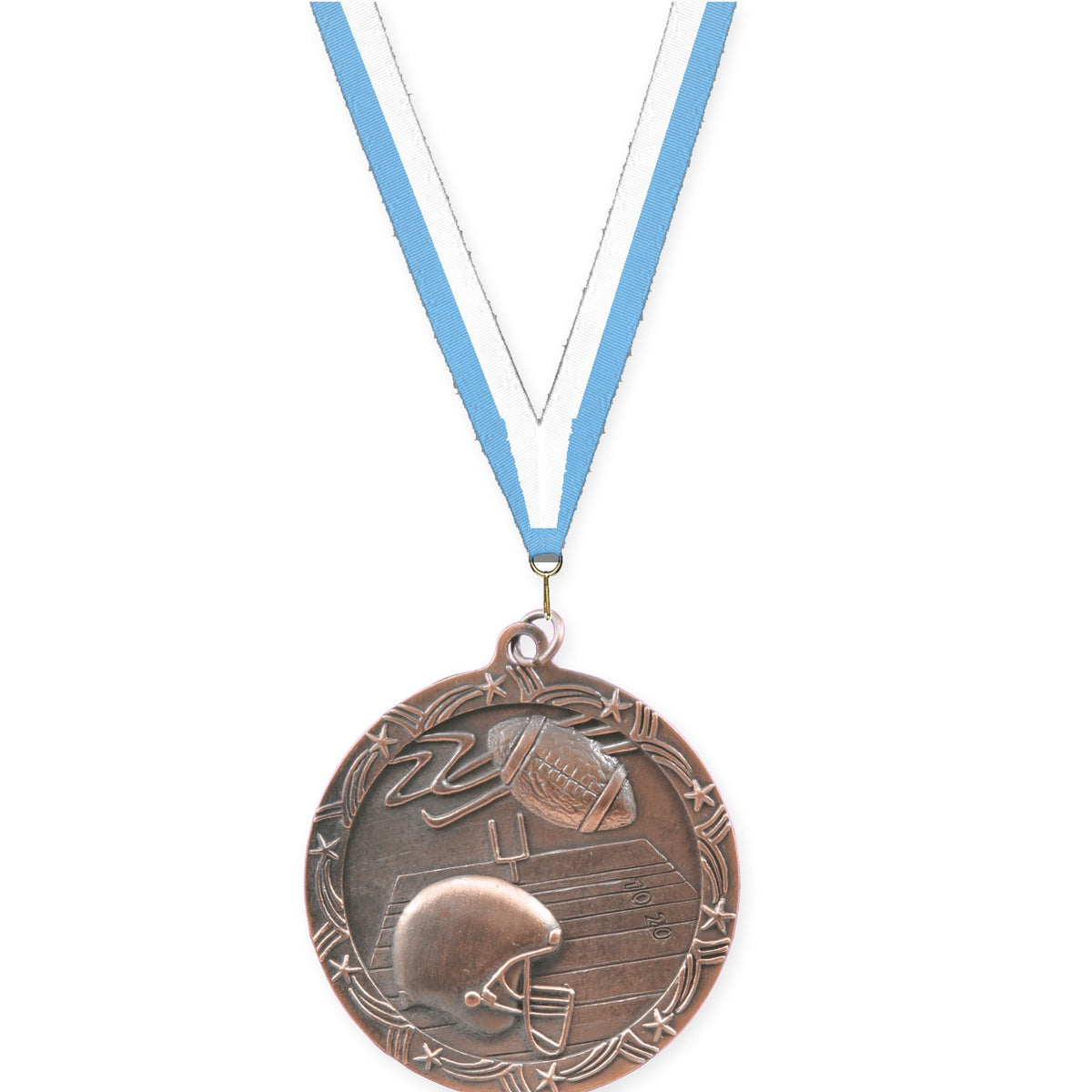 2 1/2 inch football Shooting Star medal in antique bronze with Light Blue White neck ribbon